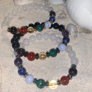 The Wheels of Life Bracelet. Garnet, Carnelian, Citrine, Malachite,Blue Lace Agate, Lapis Lazuli, Amethyst with Onyx or White Jade. AAA