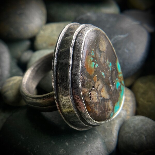 Bamalam! Hand forged silver ring with turquoise, size 7.5