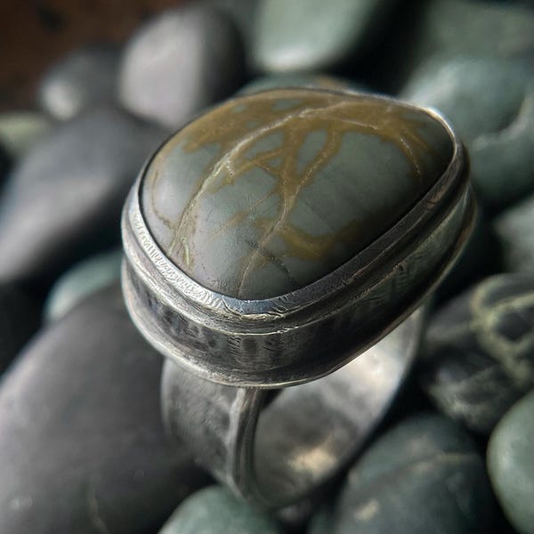 Breathe. Be. Sterling silver ring with beach pebble