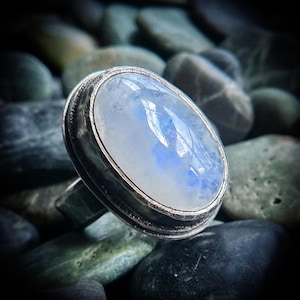 Moonglow— Hand forged silver ring with rainbow moonstone