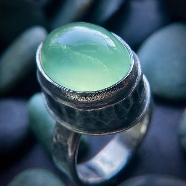 A Soft Green Glow— silver ring with prehnite, size 8 1/4