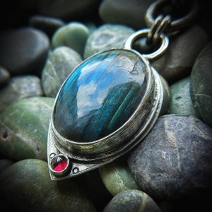 Aurora pendant— hand forged silver with labradorite and garnet