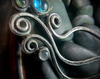 Deco Hairpin—sterling silver, blue topaz, peridot, moonstone— VERY one of a kind!