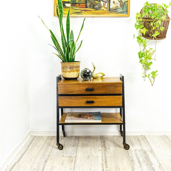 1960s wooden midcentury modern BICOLOR SEWING CART Box with drawer, Nightstand, Side Table