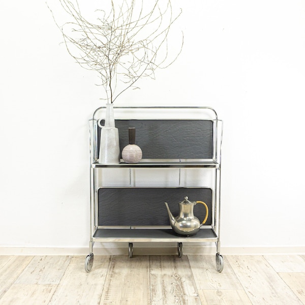 Rare 1970s FOLDING BAR CART 'Dinett' by Bremshey Westgermany, gray slate look, midcentury furniture, vintage chromed trolley