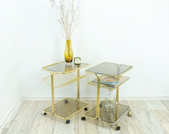 Two 1970s Golden Smoked Glass TEA TROLLEYS, bar carts, bedside tables or NIGHTSTANDS