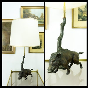 Handmade Vintage Artist Sculpture Lamp! Large Wild BOAR TABLE LAMP Zinc Casting From About 1900 Hunting Forest Wildlife Nature Lover Gift