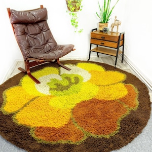 Stunning rare original 1970s MIDCENTURY flower power carpet RUG 'Allegro' by DESSO, West Germany, orange, brown, yellow, green