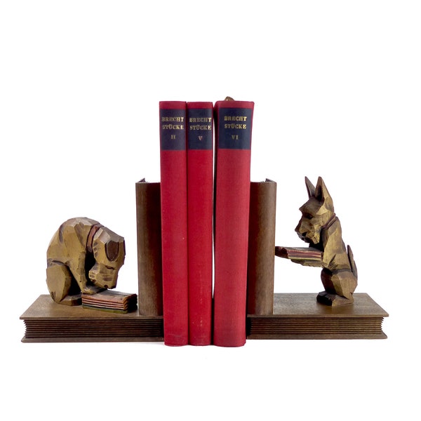 VINTAGE BOOKENDS with Terrier DOGS, wooden pair of handmade German bookends, art deco antique mid-century carved handcrafted dog lovers gift