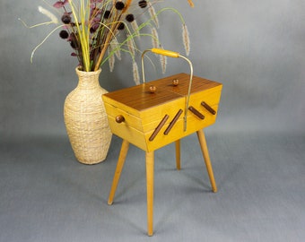 1960s wooden BICOLOR SEWING BOX on tapered legs