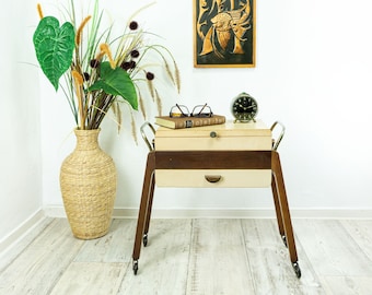 1960s wooden MIDCENTURY SEWING CART Nightstand cantilever style side table