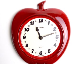 1970s RED Apple Shaped JUNGHANS Ceramic Kitchen CLOCK