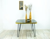 Square 1960s COFFEE TABLE with black GLASS Top and hairpin legs
