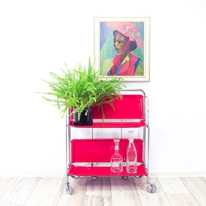 Vibrant 1970s Midcentury Red Bar Cart ‘Dinett’ by Bremshey, Foldable Formica Chrome Trolley, Vintage Original, Retro Home Bar Furniture Gift