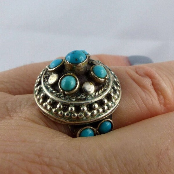 Vintage ORIENTAL Sterling SILVER RING with turqoise, tribal art vintage jewelry gift, authentic ethnic Central Asia Tibet Nepal