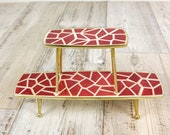 Rare 1960s WINDOW PLANT STAND golden metal and burgundy ceramic mosaic tiles