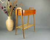 Sleek 1960s wooden SEWING Box or SIDE TABLE Vintage midcentury oak wood bedside end table, string era nightstand jewelry Knick Knack storage