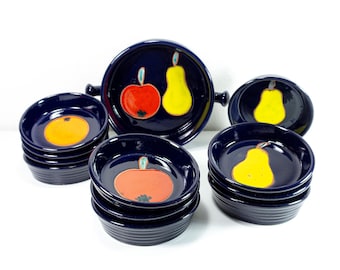 Set of 1970s BLUE ceramic snack TAPAS BOWLS with hand painted fruits 8010 by Marei Westgermany