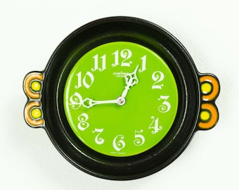 Neon green black 1970s German CERAMIC WALL CLOCK by Pallas