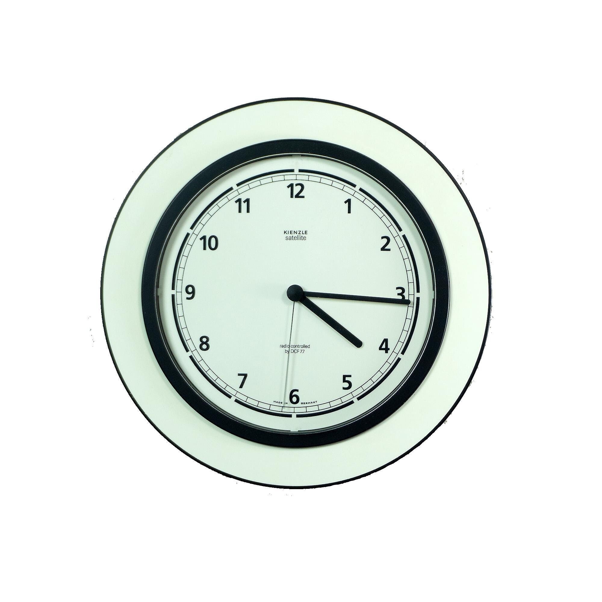 Black White 1990s Radio Controlled VINTAGE WALL CLOCK by Kienzle Satellite Germany