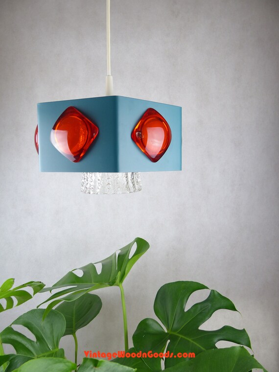 60s Space Age Pendant Lamp Vintage Ceiling Light Lucite Retro Midcentury Design Spaceship Petrol Orange Red Turquoise Blue Bubble Cubistic