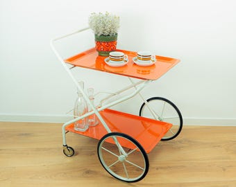 Orange White 1970s FOLDABLE SERVING TROLLEY Bar Cart Midcentury Folding Trolley Original Vintage Furniture