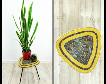 Black yellow 1960s tripod MOSAIC side end table, midcentury PLANT STAND