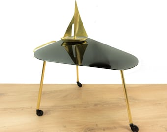 Black Tinted Glass Tier 1960s Elegant BAR CART Tea Trolley Side Table Golden Metal Frame Vintage Home Decor