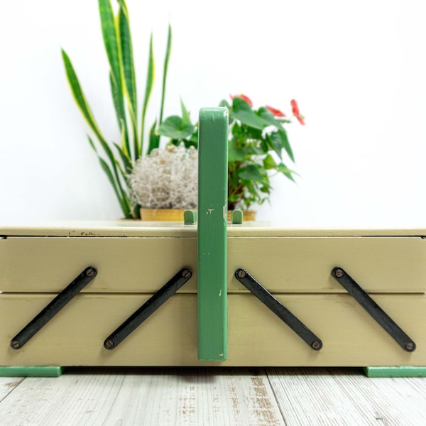 Mint green ivory 1950s SEWING BOX in cantilever style, wooden jewelry or storage box