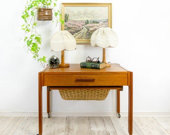 XXL 1960s Danish Teak Wood SEWING TABLE Cart or Side Table with 2 Drawers