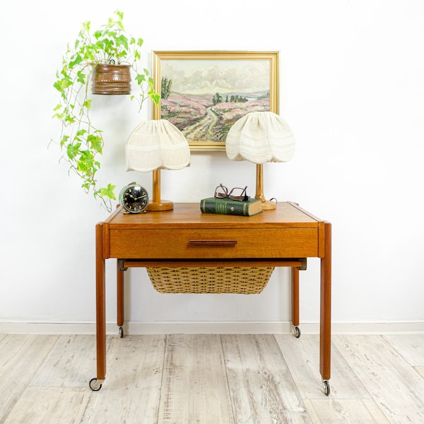 XXL 1960s Danish Teak Wood SEWING TABLE Cart or Side Table with 2 Drawers