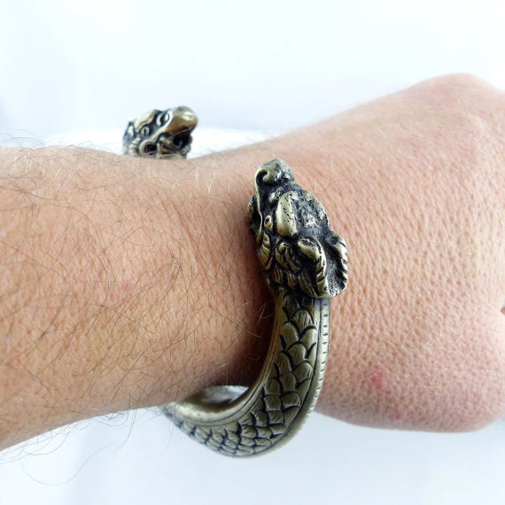 Men's Stainless Steel Dragon Head Bracelet - Black Leather & Antiqued Metal, 8.5 Inch Push Clasp - View #9
