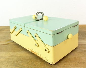 1950s Pastel Blue Ivory Midcentury Cantilever Sewing or Jewelry Box