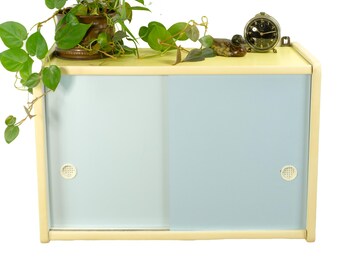 Large 1960s midcentury KITCHEN WALL CABINET blue sliding doors, yellow top
