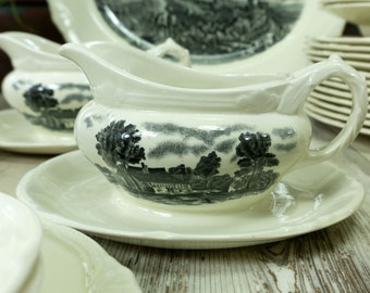 Antique 1940s ENGLISH "Scenes after Constable" TABLEWARE in black, W.H. GRINDLEY Staffordshire, Gravy Boat