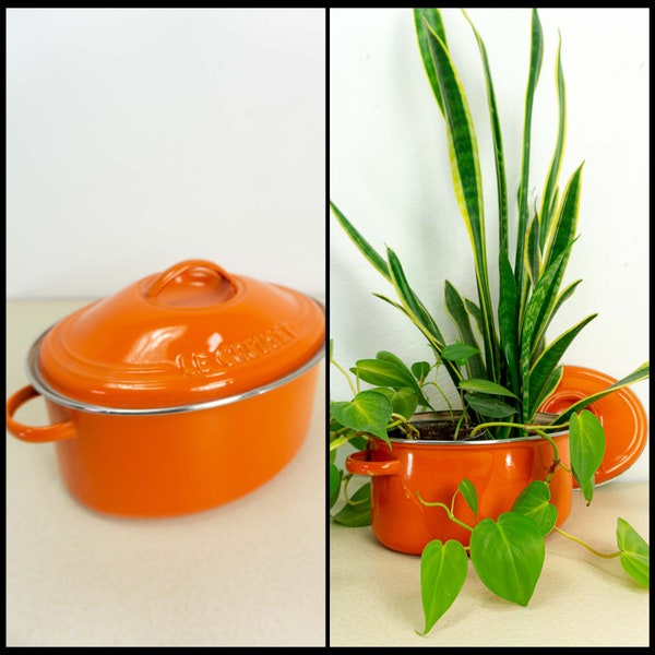 Orange French 1970s ENAMEL POT with lid by 'Le Creuset', midcentury decorative cooking pots