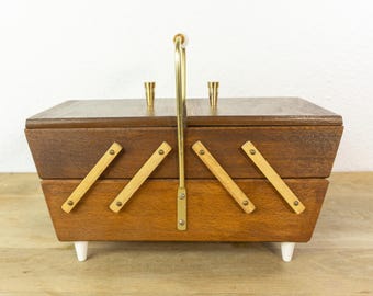 1960s flamed trapezoid WOODEN SEWING Jewelry BOX, golden handle tapered feet