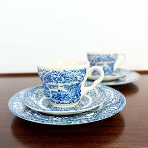Two vintage TABLEWARE TRIO SETS Eit Ltd England in blue white cup saucer tea or side plate