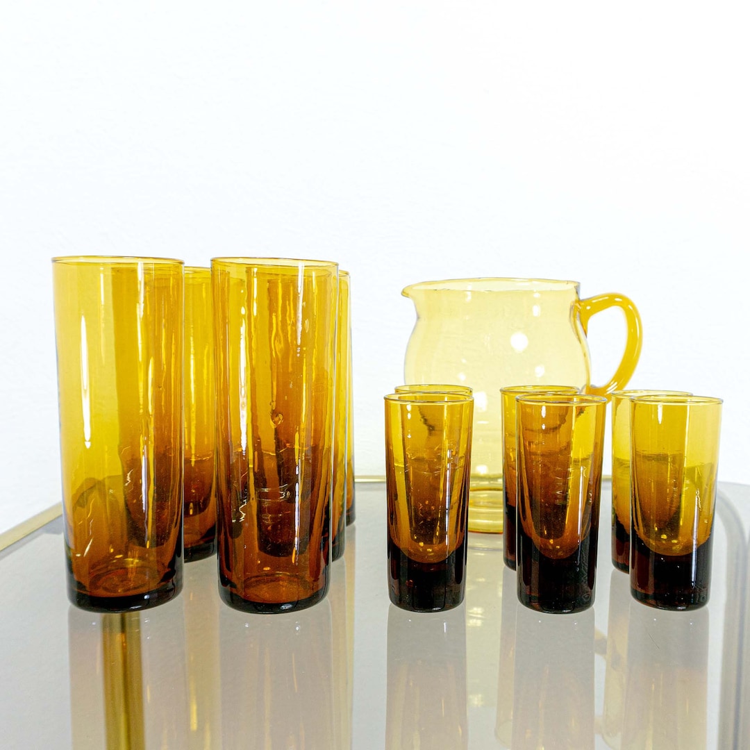 Mouth Blown Set of 12 Vintage AMBER GLASS Tumblers and Shot Glasses