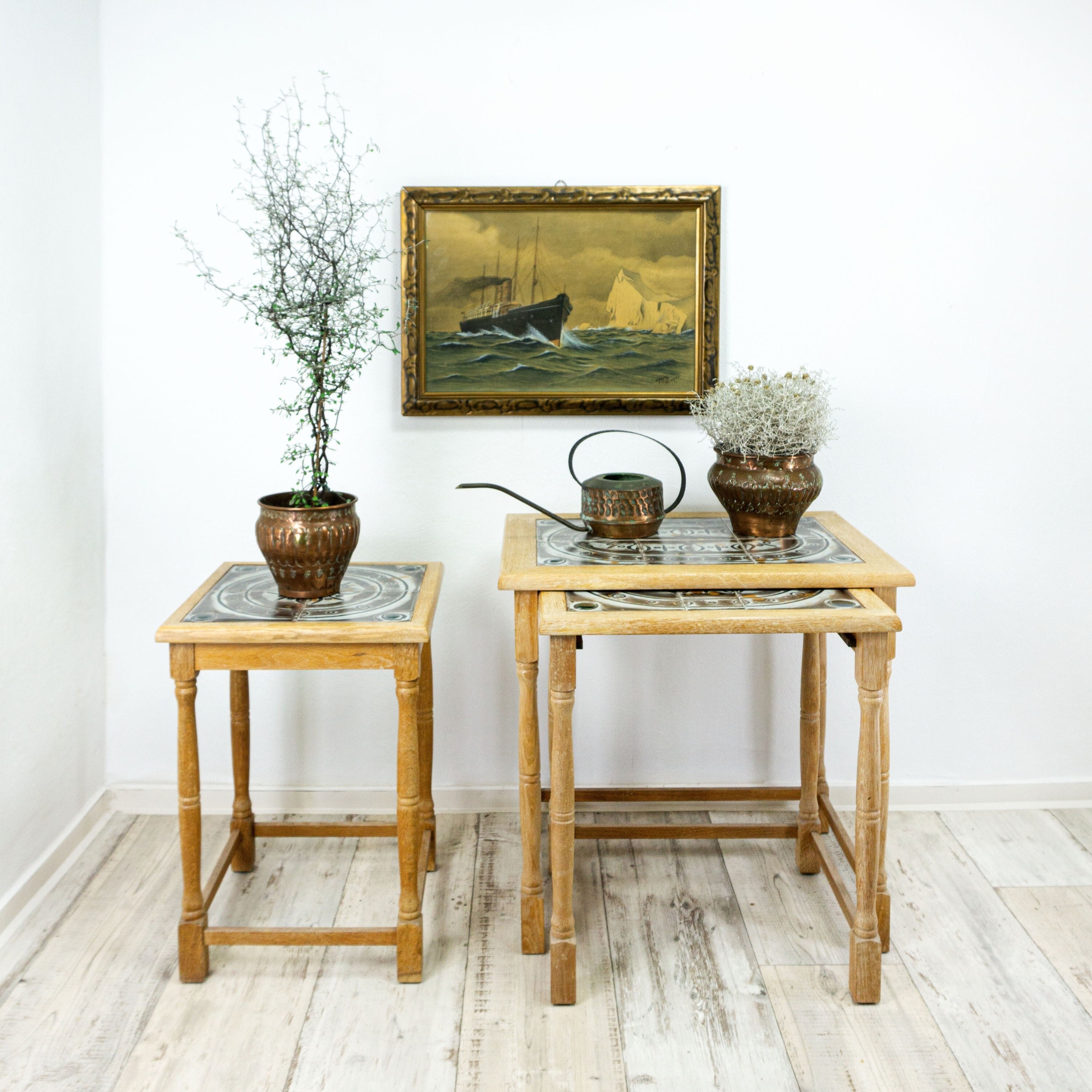 Tables Gigognes en Bois de Chêne Massif Danois Des Années 1970, Plateau en Carreaux de Céramique Pei