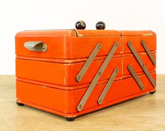 Cute Antique 1940s red black wooden Art Déco SEWING or Jewelry BOX