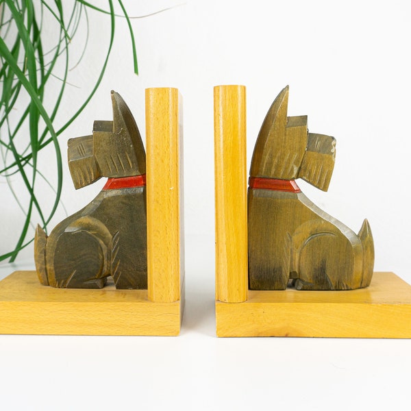 Free Shipping! Pair of 50s hand-carved WOODEN Scottish Terrier DOG BOOKENDS