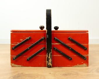 Red Black 1940s Wooden Cantilever Sewing Box Vintage Storage