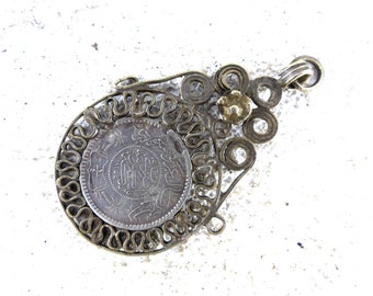 Antique NEAR EASTERN PENDANT with coin, Arab Berber Bedouin filigree ethnic islamic vintage wedding jewelry coins old authentic, bridal gift