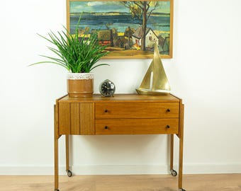 1960s XXL Teak Wood SEWING TABLE Cart Midcentury Side Table on Casters