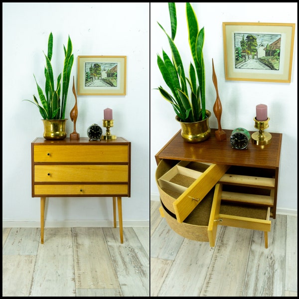 Extraordinary 1960s wooden MIDCENTURY SEWING BOX with swivel drawers