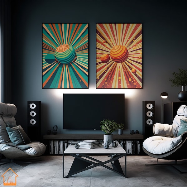 70s style Sunburst PRINTABLE WALL ART, 4 Unique Vintage Design Prints, Retro Midcentury Wall Decor, 70s Aesthetic and Home Design