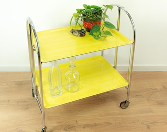 Midcentury Modern 1970s FOLDING BAR CART serving trolley, yellow faux-wood Formica design West Germany