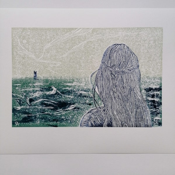Handmade Nordic woman looking out to sea linocut limited edition print affordable art print linoprint relief print wall art