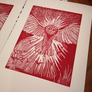 Handmade owl linocut limited edition print affordable art print linoprint relief print wall art